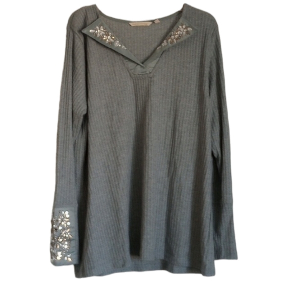 Soft Surroundings Womens Blouse Sz PM Blue Jewels Polo V Neck Waffle Knit Winter - Picture 1 of 10